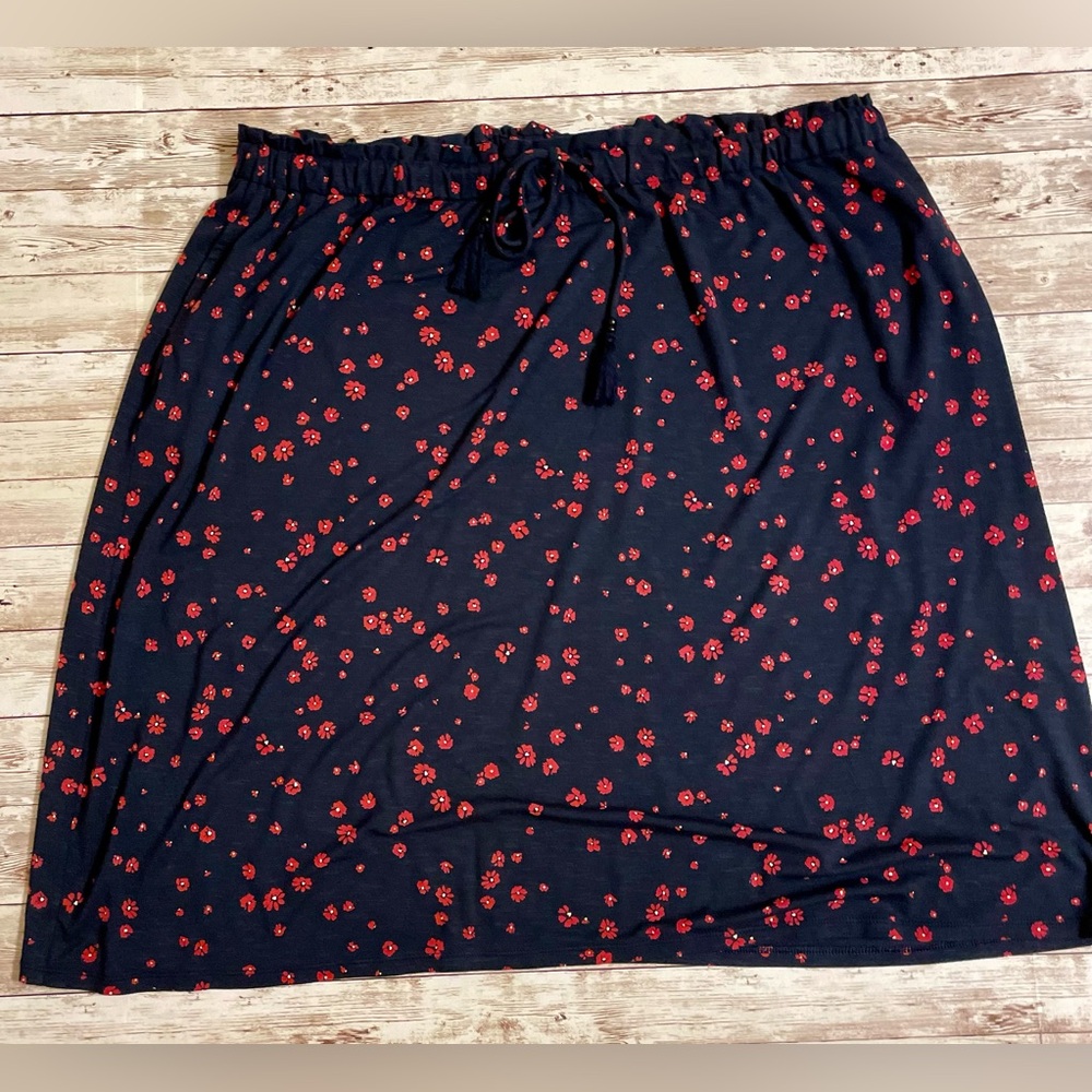 J. Jill Navy Midi Skirt with Red Floral Print